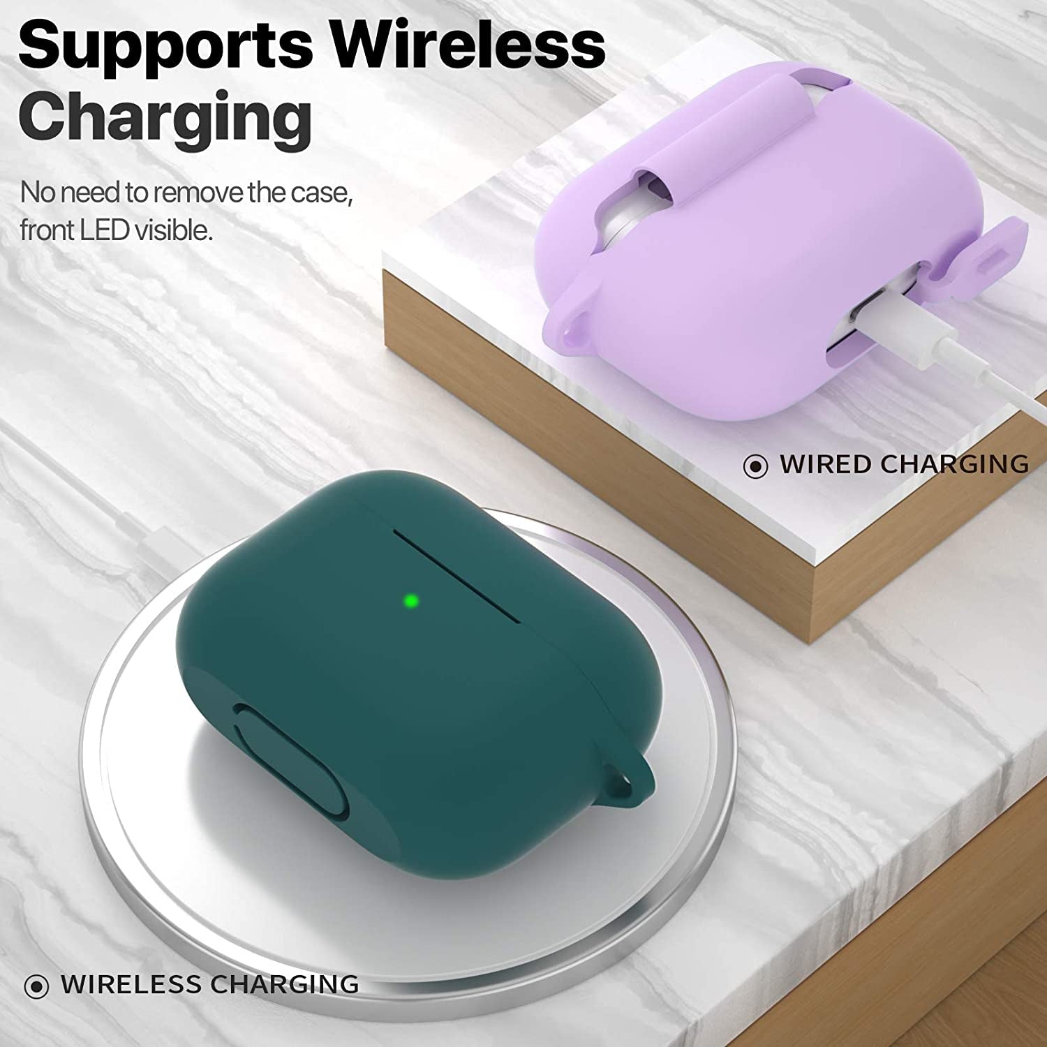Airpods Pro 1St/2Nd Generation Case Cover, Protective Silicone Skin Accessories with Keychain for Women & Men for Apple Airpods Pro 2019/2022 Charging Case,Front LED Visible-Midnight Green