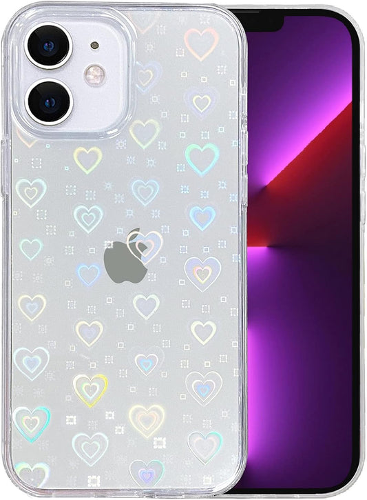 Compatible with Iphone 12 Case, Iphone 12 Pro Case, Clear Laser Glitter Bling Heart Soft & Flexible TPU and Hard PC Shockproof Cover Women Girls Heart Pattern Case (Rainbow Heart/Clear)