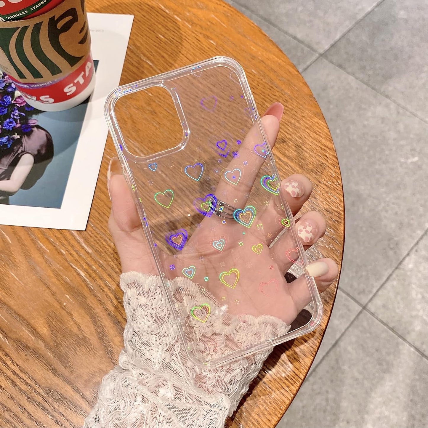 Compatible with Iphone 12 Case, Iphone 12 Pro Case, Clear Laser Glitter Bling Heart Soft & Flexible TPU and Hard PC Shockproof Cover Women Girls Heart Pattern Case (Rainbow Heart/Clear)