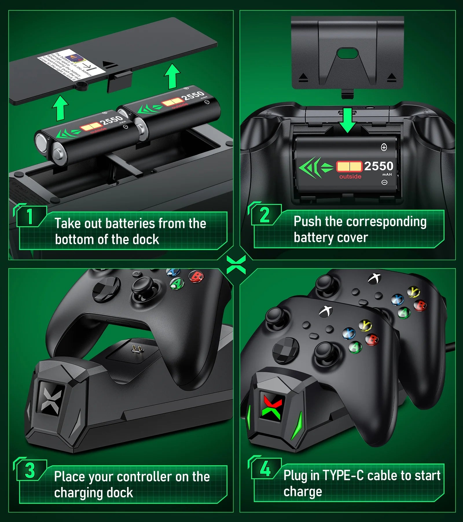 Controller Dock Charger for Xbox, Charging Station with 2*2550Mah Controller Battery Packs for Xbox Series/One X/S/Elite