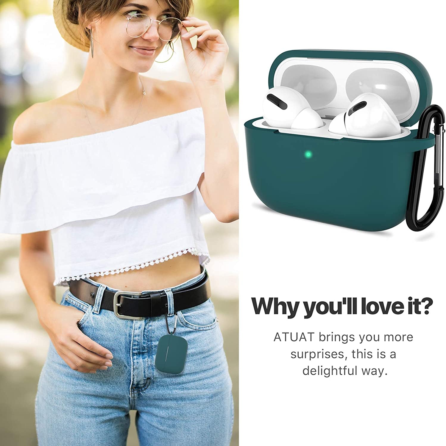 Airpods Pro 1St/2Nd Generation Case Cover, Protective Silicone Skin Accessories with Keychain for Women & Men for Apple Airpods Pro 2019/2022 Charging Case,Front LED Visible-Midnight Green