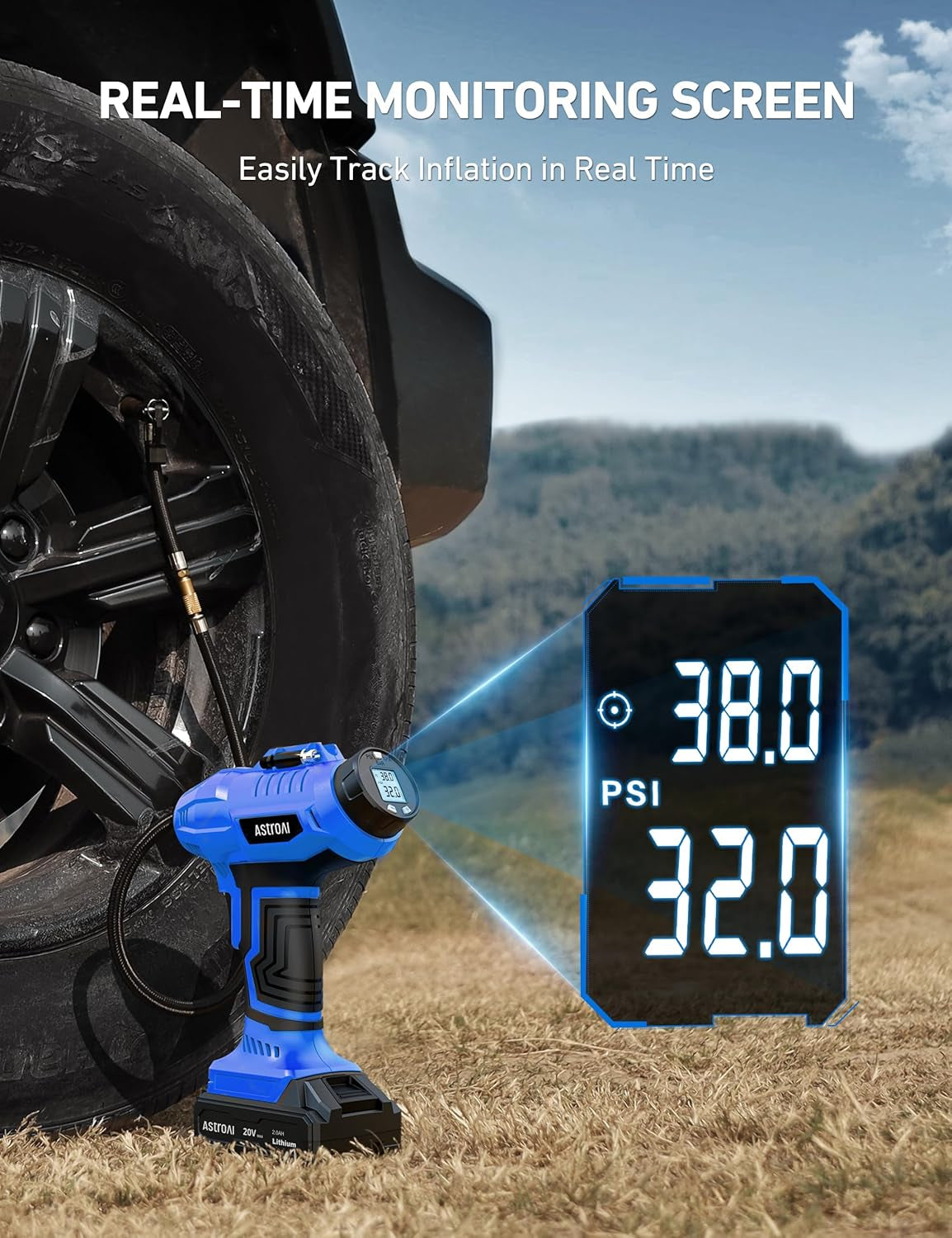 C2 Cordless Tire Inflator Air Compressor 20V Rechargeable Battery Powered 160PSI Portable Handheld Air Pump with 12V Car Power Adapter Digital Pressure Gauge for Cars Motorcycles Gift Blue