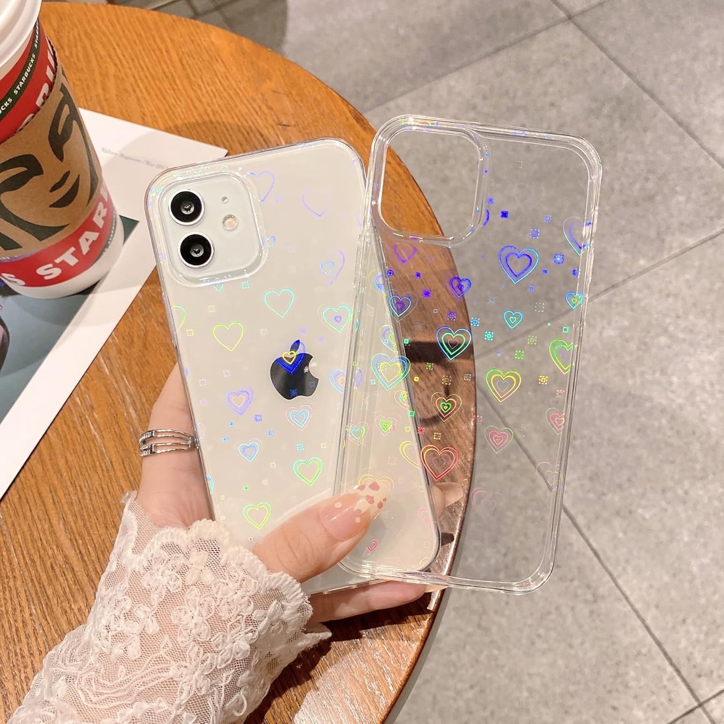 Compatible with Iphone 12 Case, Iphone 12 Pro Case, Clear Laser Glitter Bling Heart Soft & Flexible TPU and Hard PC Shockproof Cover Women Girls Heart Pattern Case (Rainbow Heart/Clear)
